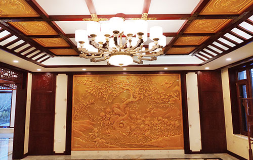 峨蔓镇中式别墅客厅中式木作横梁吊顶装饰展示